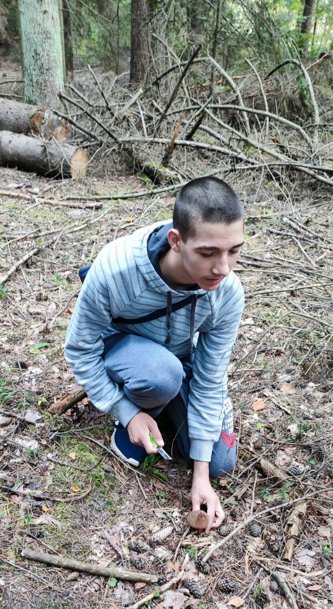 W rezerwacie przyrody Jedlina | chłopiec wycina znalezione grzyba.jpg
