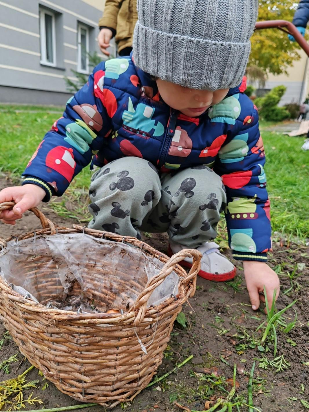 Jesienne prace w ogrodzie | Dziecko kuca i dotyka ręką ziemi.jpg