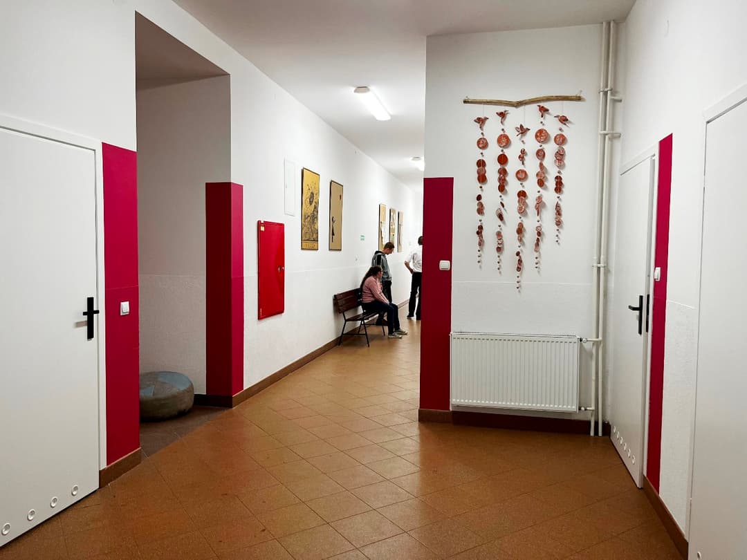 „Przyjazna przystań” | Korytarz w szkole, na ścianach różowe pasy podkreslające drzwi.JPG