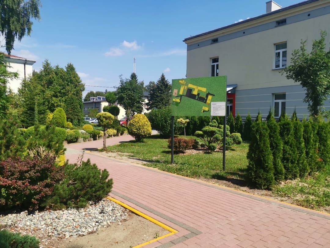 „Przyjazna przystań” | czerwony chodnik z żółtym krawężnikiem, dookoła rośliny i drzewa.jpg